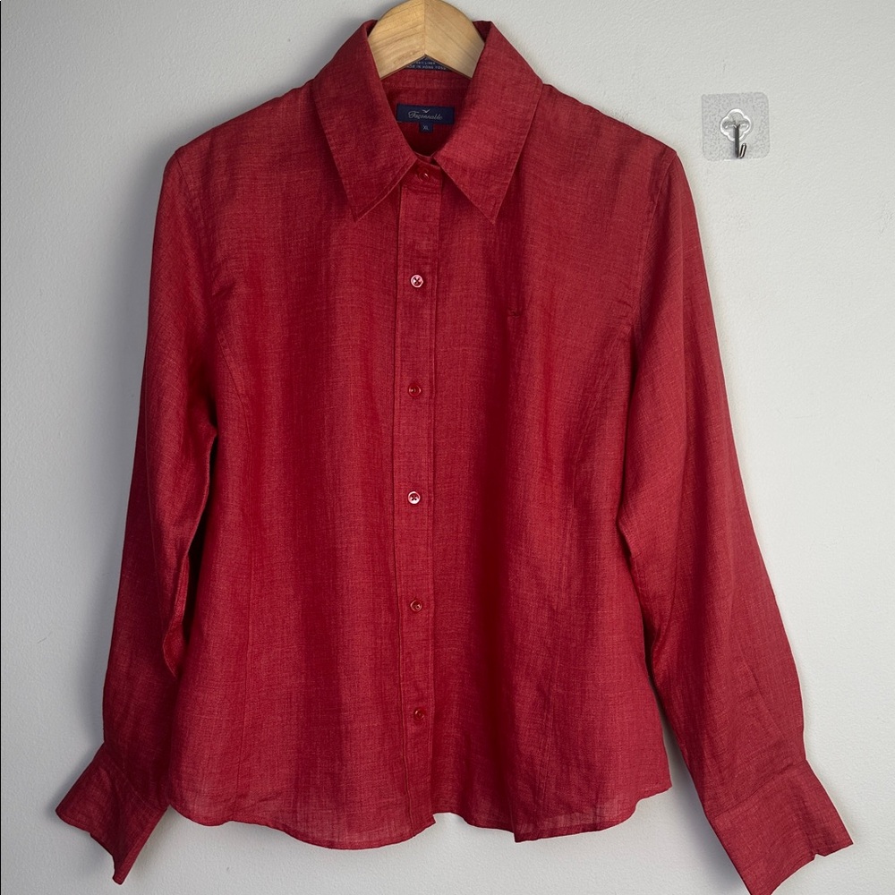 Faconnable !00% Linen Red Button Down Shirt Long Sleeve Collared Hong Kong XL - Picture 2 of 16